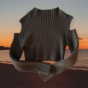 Gray Ribbed Cold-Shoulder Cropped Sweater